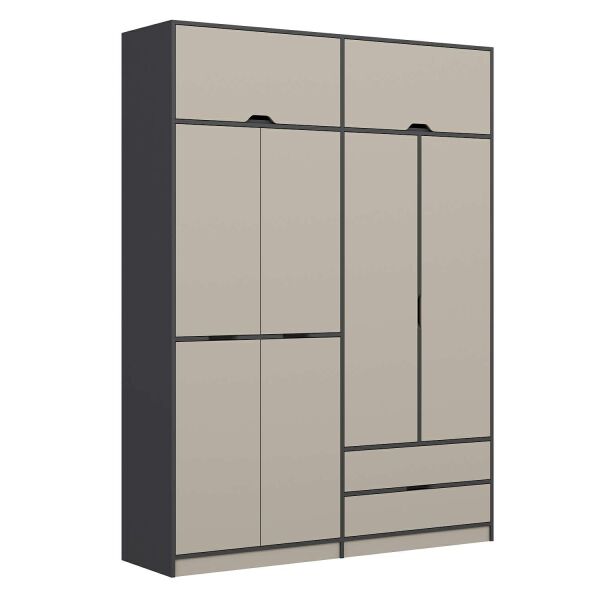 Elina 4 Kapaklı Dolap + Yüklük - Antrasit/Kumtaşı