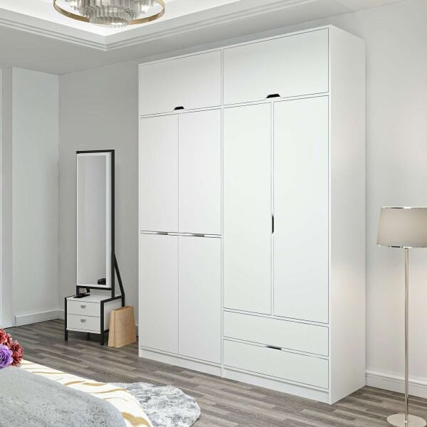 Elina 4 Kapaklı Dolap + Yüklük - Beyaz/Beyaz