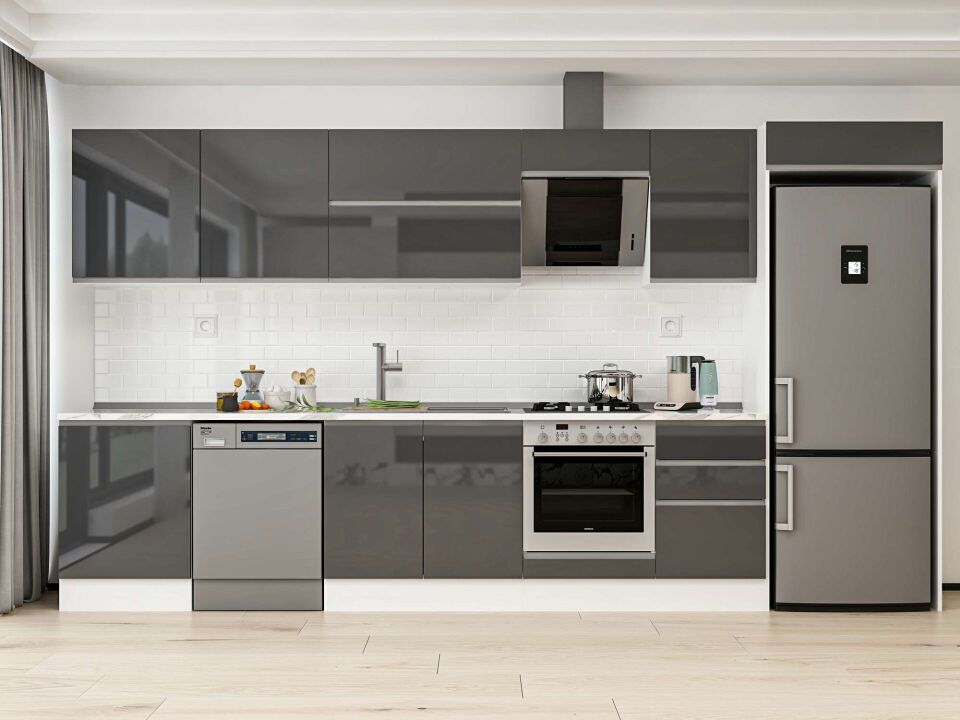 Alvinka 390X222 Cm High Gloss Mutfak Dolabı Mb-E80S60S50-2 High Gloss | Antrasit - Mdf