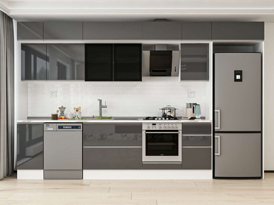 Alvinka 375X240 Cm High Gloss Mutfak Dolabı Mb-E90S40S45-3 High Gloss | Antrasit - Mdf