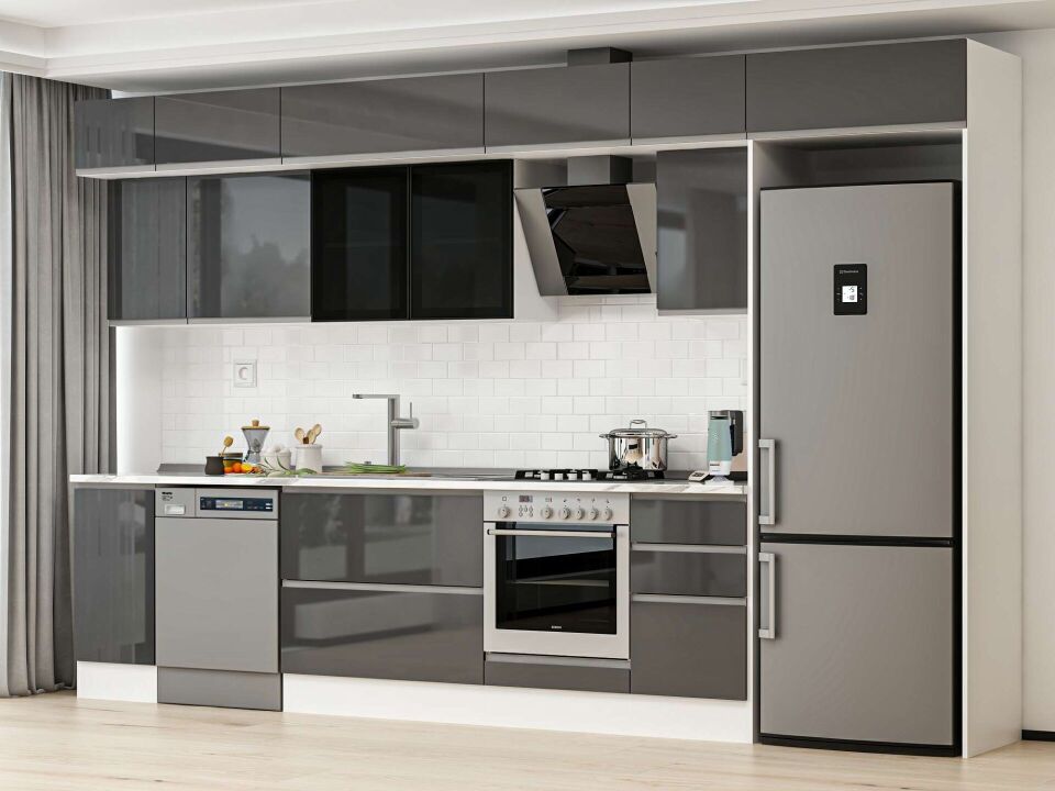 Alvinka 375X240 Cm High Gloss Mutfak Dolabı Mb-E90S40S45-3 High Gloss | Antrasit - Mdf