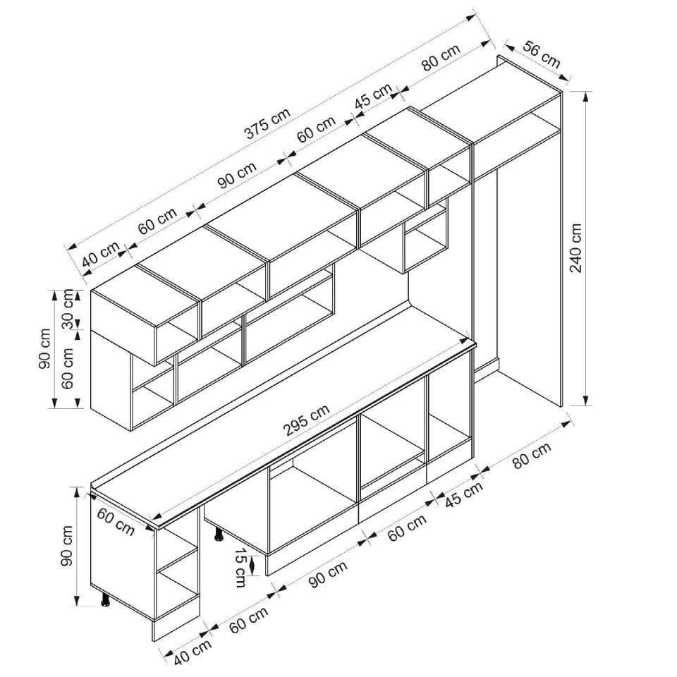 Alvinka 375X240 Cm High Gloss Mutfak Dolabı Mb-E90S40S45-3 High Gloss | Antrasit - Mdf