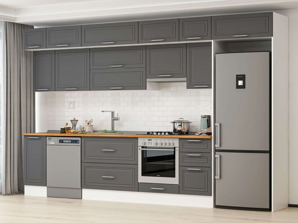 Alvinka 375X240 Cm Klasik Mebran Mutfak Dolabı Mb-E90S40S45-1 Mebran | Antrasit - Suntalam