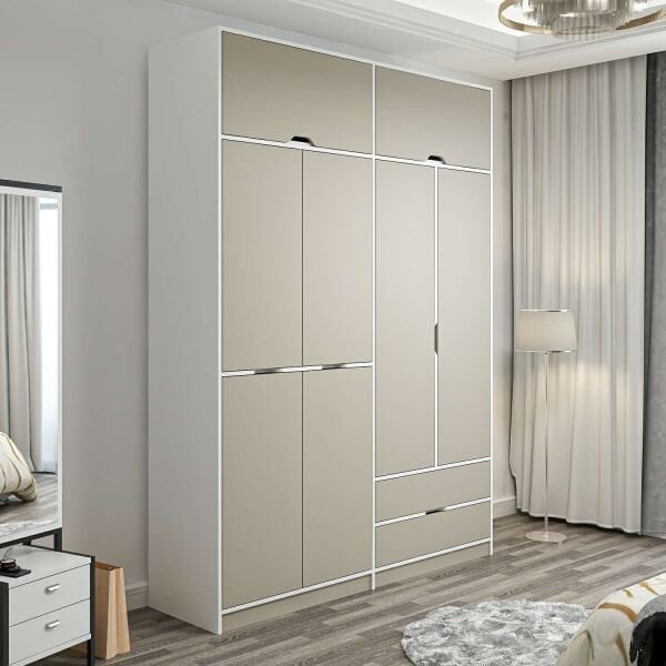 Elina 4 Kapaklı Dolap + Yüklük - Beyaz/Kumtaşı