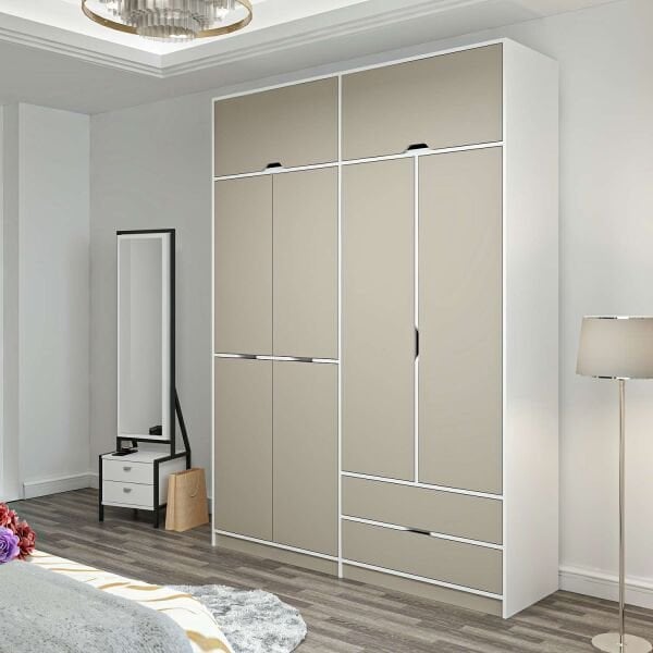 Elina 4 Kapaklı Dolap + Yüklük - Beyaz/Kumtaşı