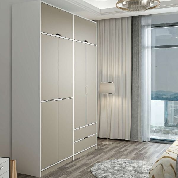 Elina 4 Kapaklı Dolap + Yüklük - Beyaz/Kumtaşı