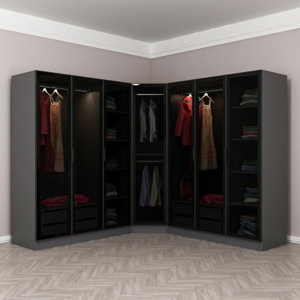 Kale 7 Füme Cam Kapaklı 4Ç Köşe Dolap Antrasit Füme Cam