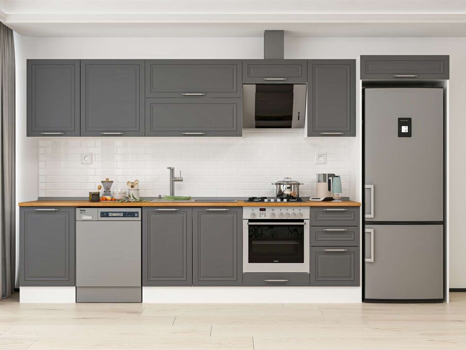 Alvinka 385X222 Cm Klasik Mebran Mutfak Dolabı Mb-E90S50S45-2 Mebran | Antrasit - Mdf
