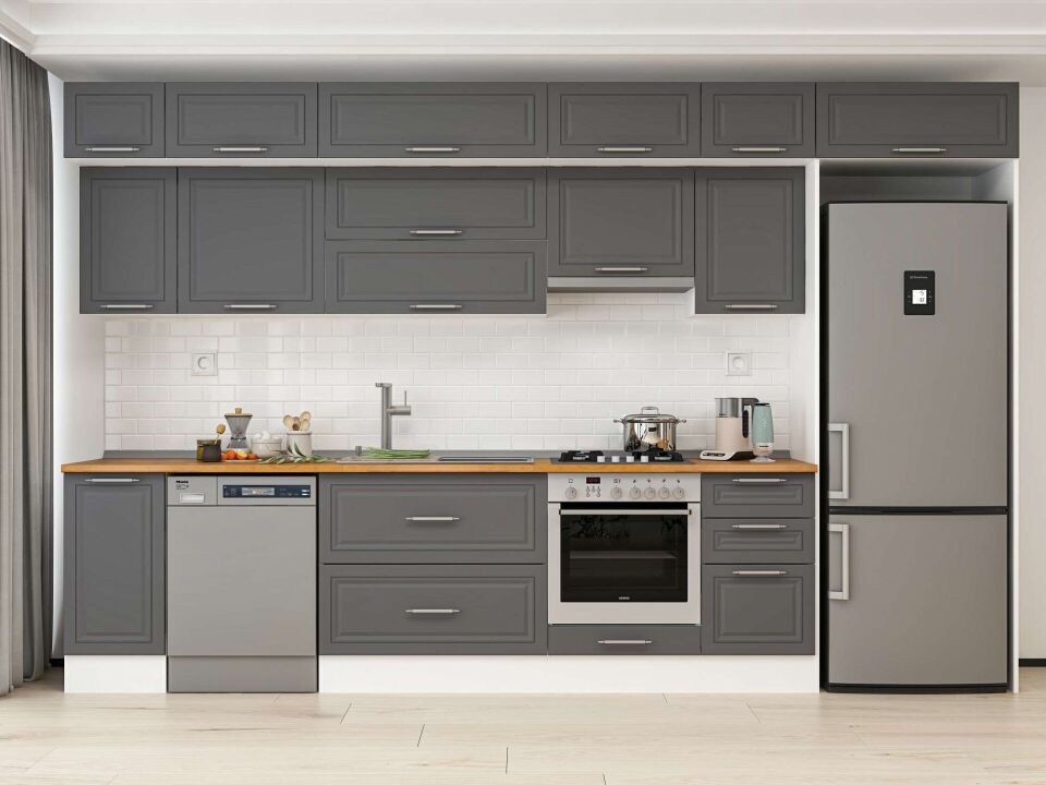 Alvinka 375X240 Cm Klasik Mebran Mutfak Dolabı Mb-E90S40S45-1 Mebran | Antrasit - Mdf