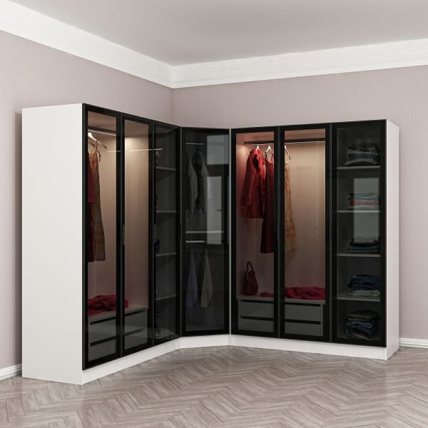 Kale 7 Füme Cam Kapaklı 4Ç Köşe Dolap Beyaz Füme Cam