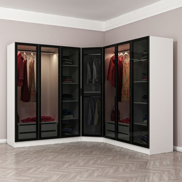 Kale 7 Füme Cam Kapaklı 4Ç Köşe Dolap Beyaz Füme Cam