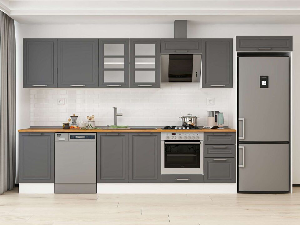 Alvinka 385X222 Cm Klasik Mebran Mutfak Dolabı Mb-E90S50S45-3 Mebran | Antrasit - Mdf