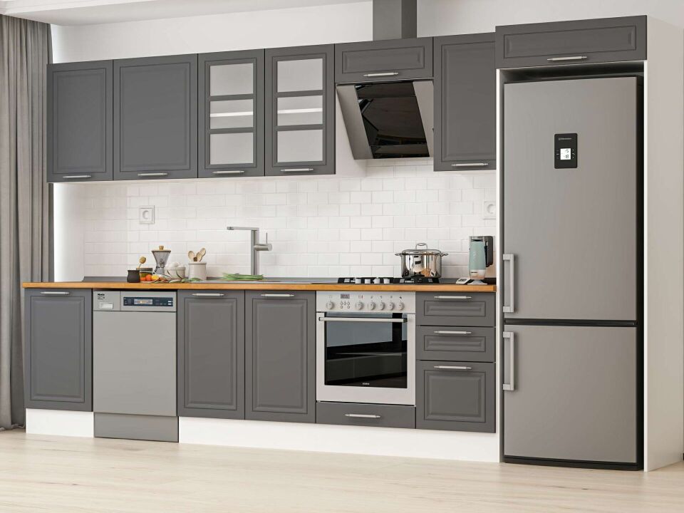 Alvinka 385X222 Cm Klasik Mebran Mutfak Dolabı Mb-E90S50S45-3 Mebran | Antrasit - Mdf