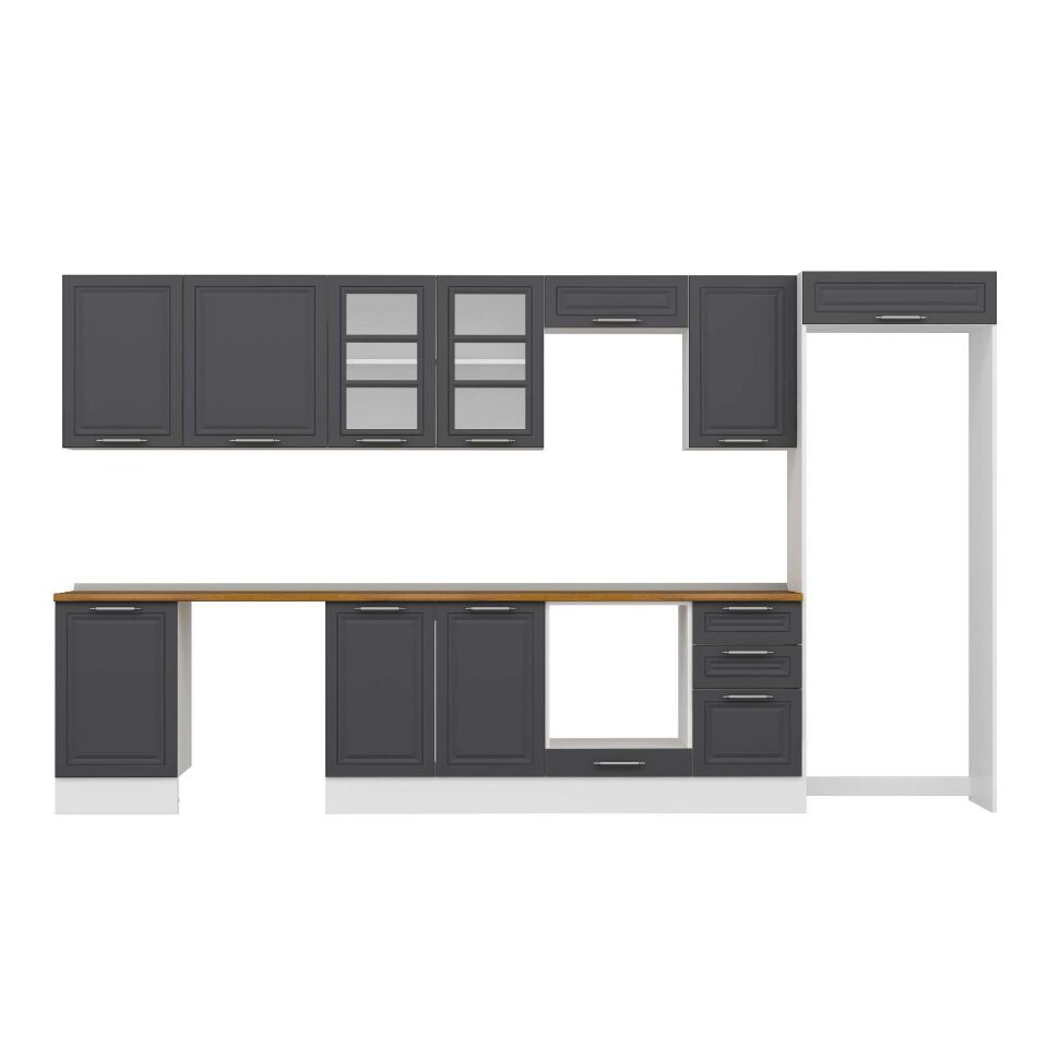Alvinka 385X222 Cm Klasik Mebran Mutfak Dolabı Mb-E90S50S45-3 Mebran | Antrasit - Mdf