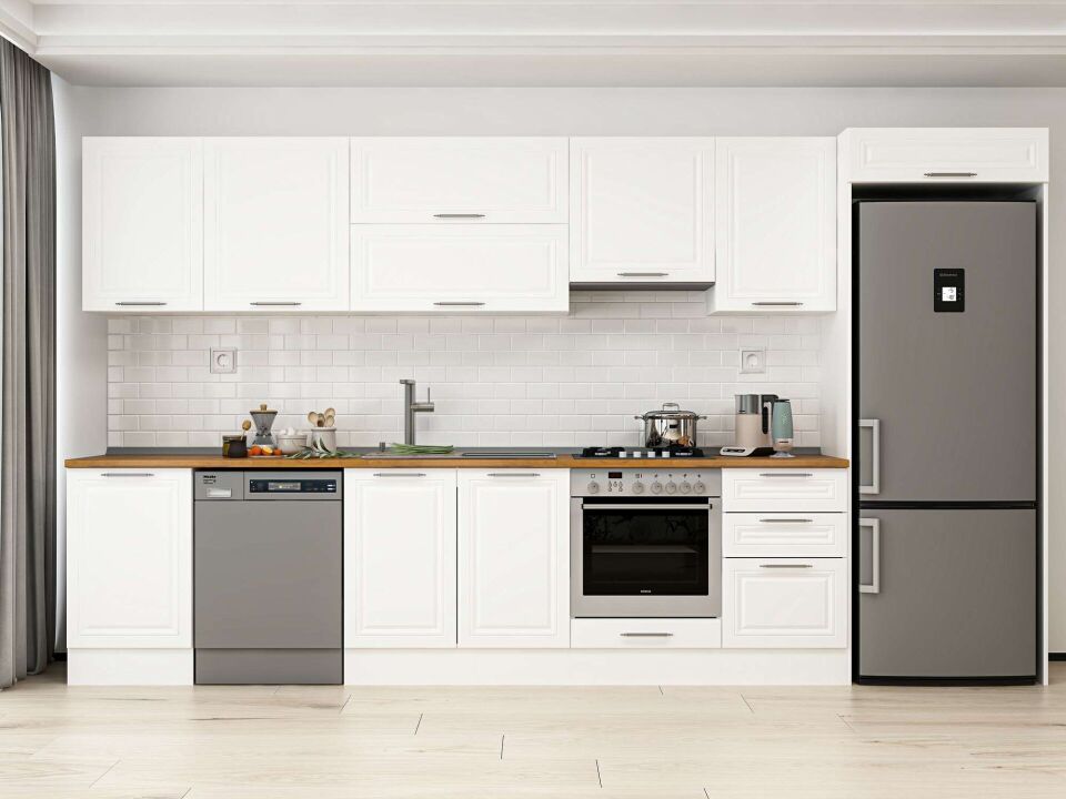 Alvinka 390X222 Cm Klasik Mebran Mutfak Dolabı Mb-E90S50S50-1 Mebran | Beyaz - Mdf