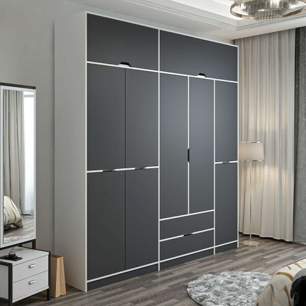 Elina 5 Kapaklı Dolap + Yüklük - Beyaz/Antrasit