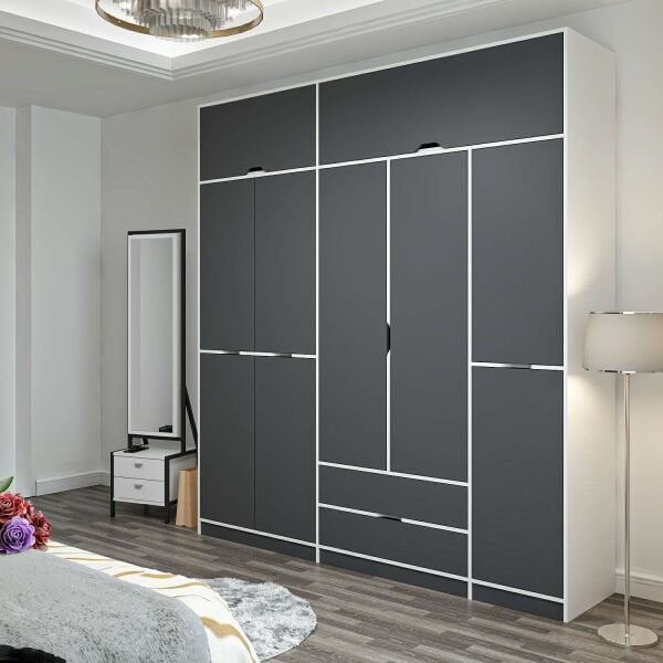 Elina 5 Kapaklı Dolap + Yüklük - Beyaz/Antrasit