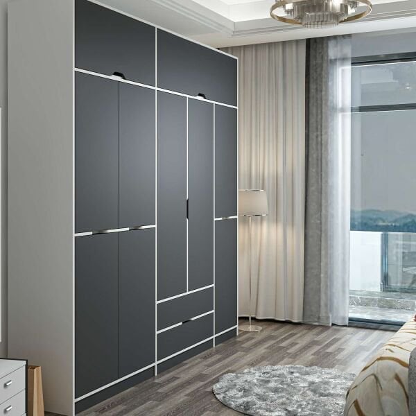 Elina 5 Kapaklı Dolap + Yüklük - Beyaz/Antrasit