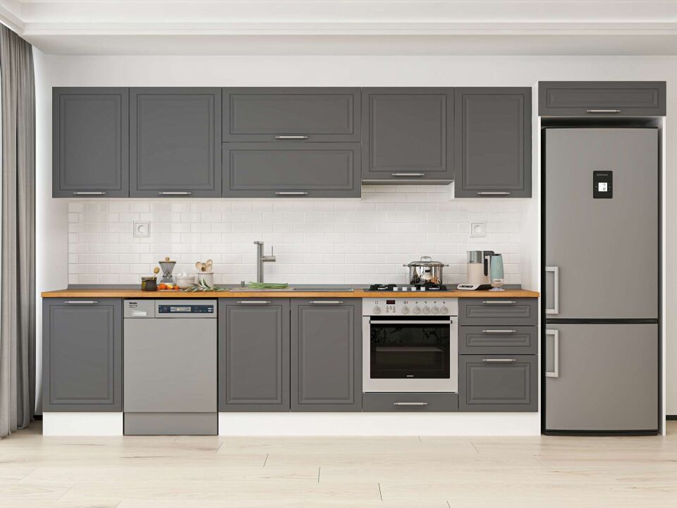 Alvinka 390X222 Cm Klasik Mebran Mutfak Dolabı Mb-E90S50S50-1 Mebran | Antrasit - Mdf
