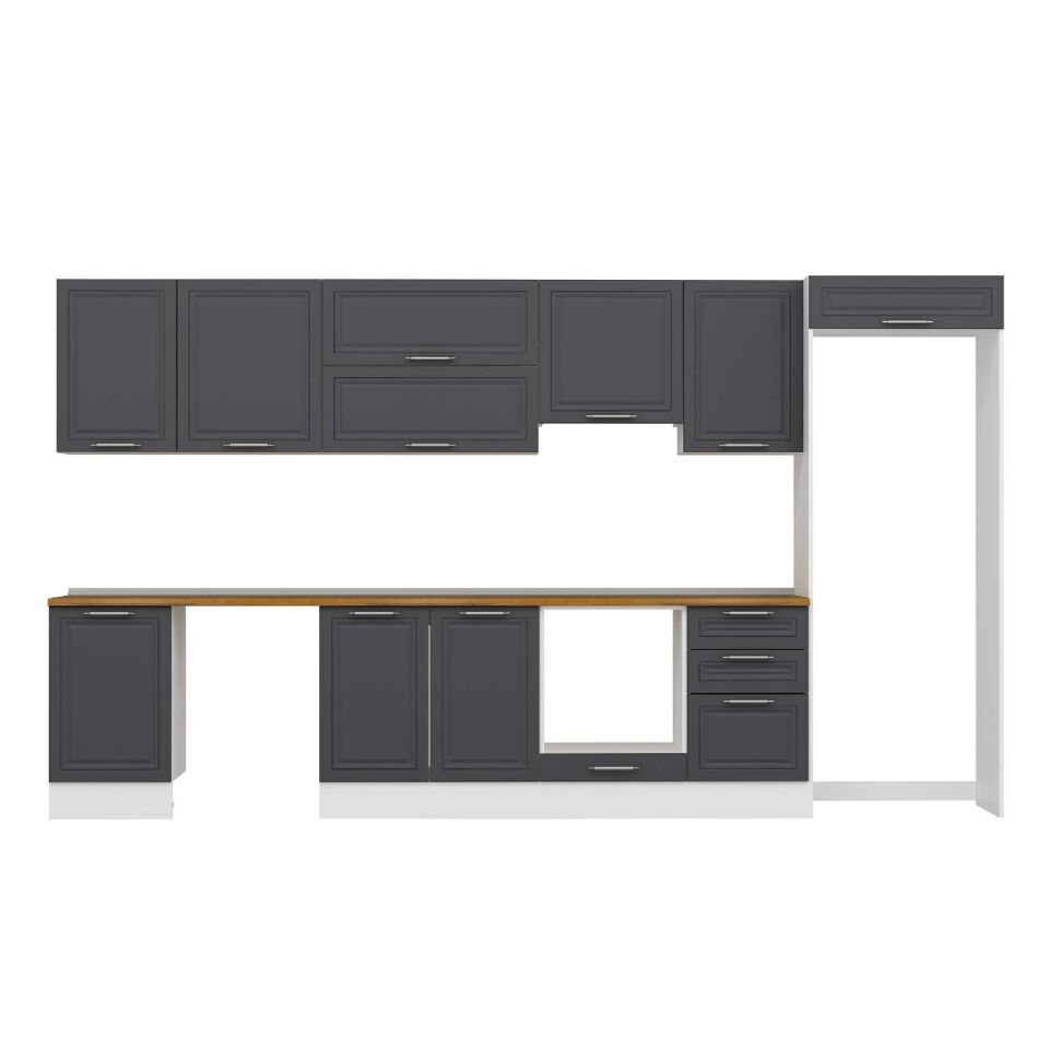Alvinka 390X222 Cm Klasik Mebran Mutfak Dolabı Mb-E90S50S50-1 Mebran | Antrasit - Mdf