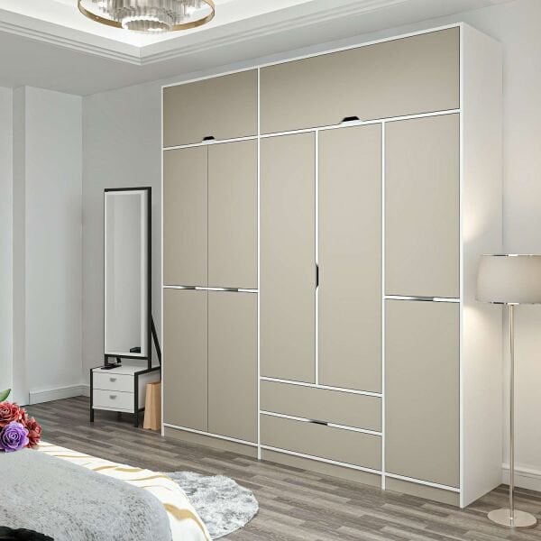 Elina 5 Kapaklı Dolap + Yüklük - Beyaz/Kumtaşı