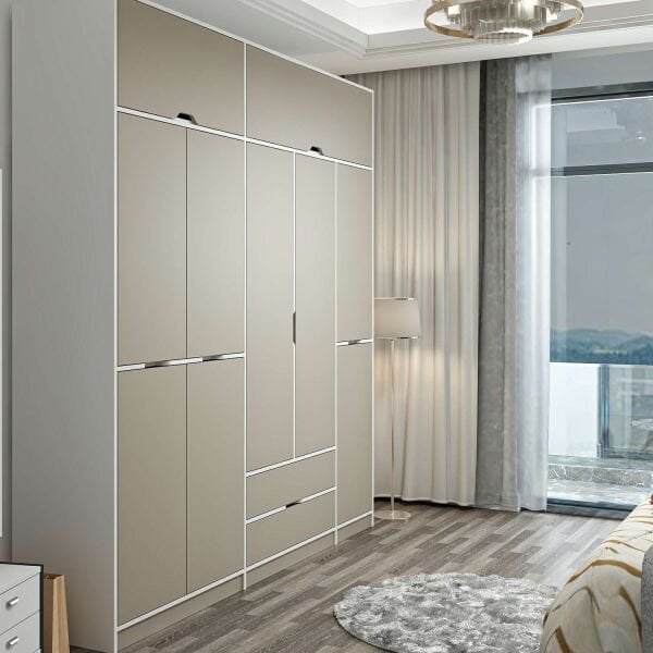 Elina 5 Kapaklı Dolap + Yüklük - Beyaz/Kumtaşı