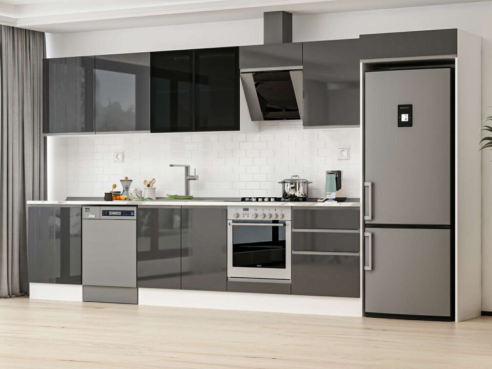 Alvinka 400X222 Cm High Gloss Mutfak Dolabı Mb-E80S60S60-3 High Gloss | Antrasit - Suntalam