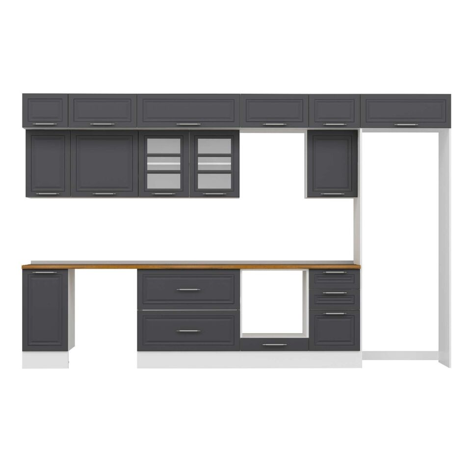 Alvinka 375X240 Cm Klasik Mebran Mutfak Dolabı Mb-E90S40S45-3 Mebran | Antrasit - Mdf