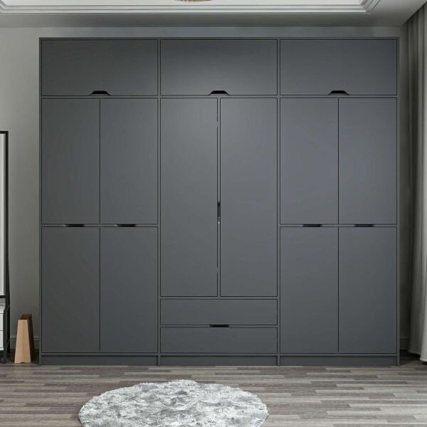 Elina 6 Kapaklı Dolap + Yüklük - Antrasit/Antrasit