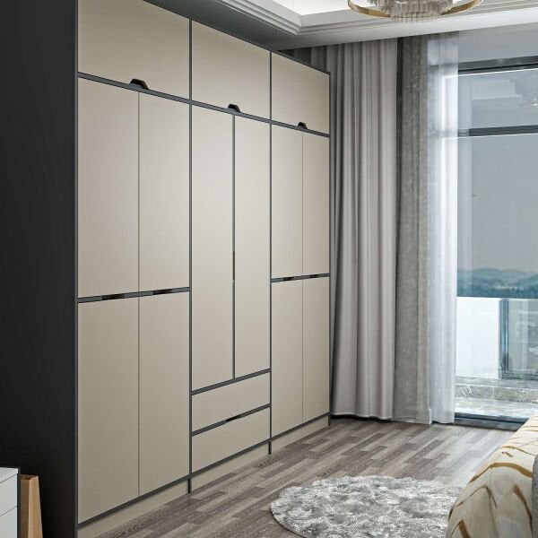 Elina 6 Kapaklı Dolap + Yüklük - Antrasit/Kumtaşı