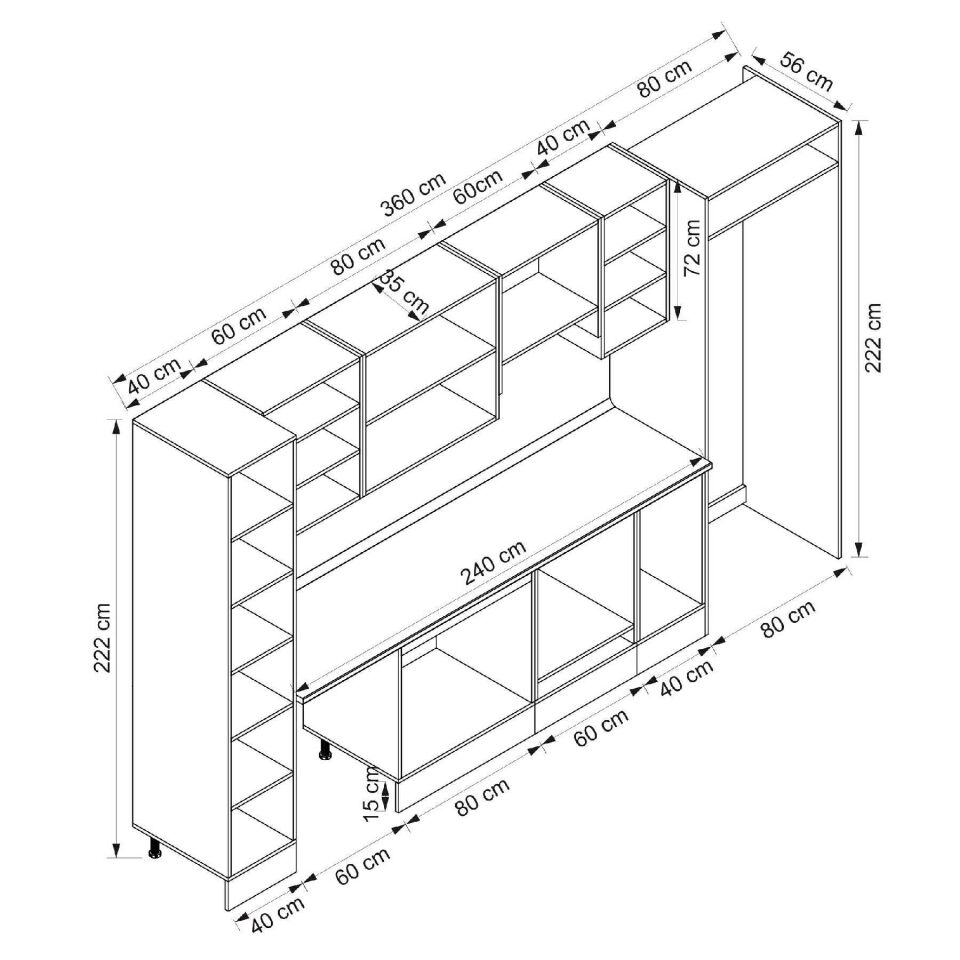 Alvinka 360X222 Cm High Gloss Mutfak Dolabı Mbb-E80B40S40-1 High Gloss | Antrasit - Mdf