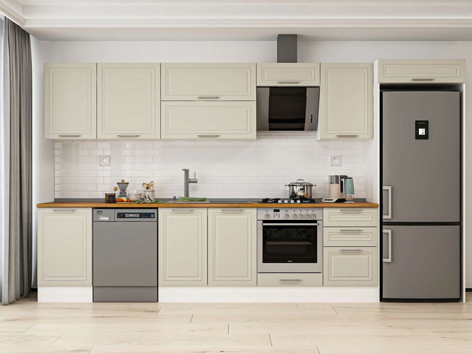 Alvinka 390X222 Cm Klasik Mebran Mutfak Dolabı Mb-E90S50S50-2 Mebran | Kumtaşı - Mdf