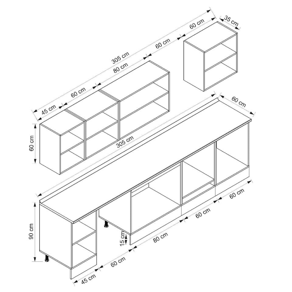 Alvinka 305X210 Cm Klasik Mebran Mutfak Dolabı Beyaz Beyaz M-E80S45S60-2