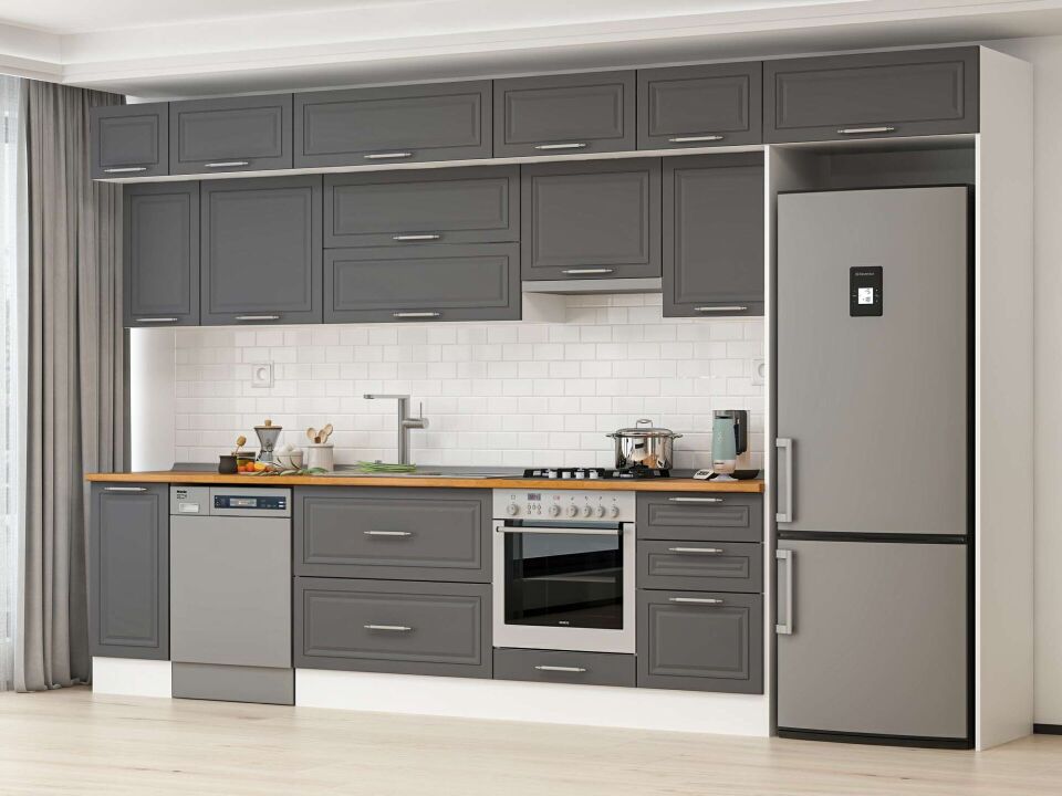 Alvinka 380X240 Cm Klasik Mebran Mutfak Dolabı Mb-E90S40S50-1 Mebran | Antrasit - Mdf
