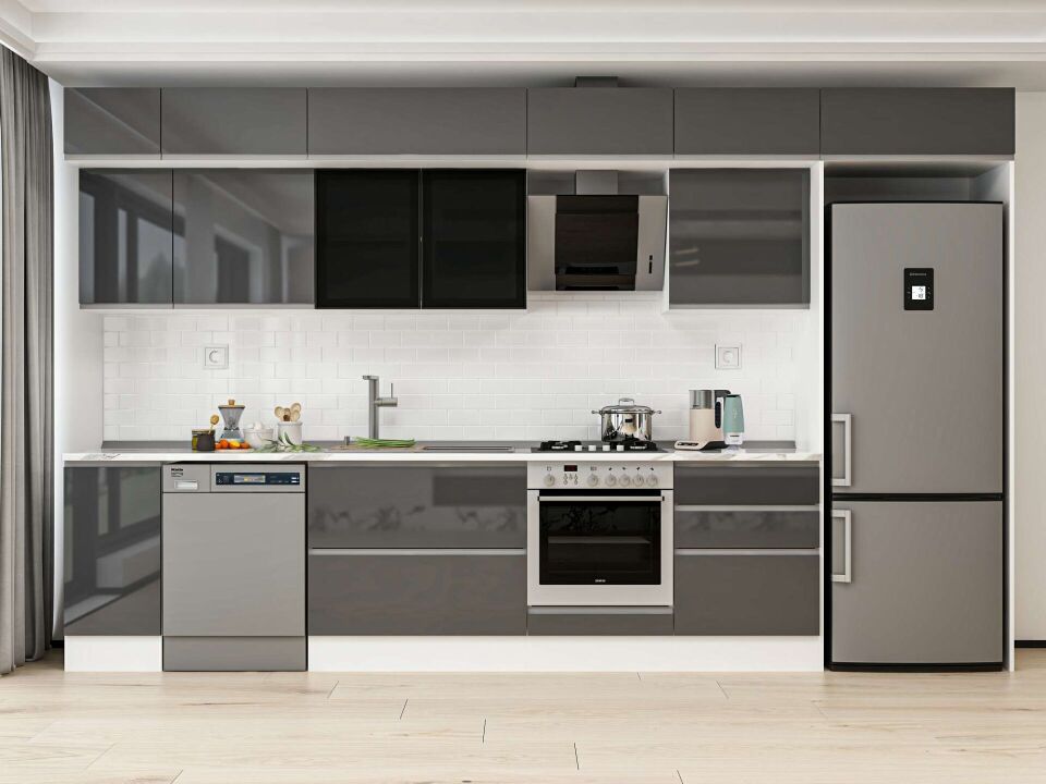 Alvinka 390X240 Cm High Gloss Mutfak Dolabı Mb-E90S40S60-3 High Gloss | Antrasit - Mdf