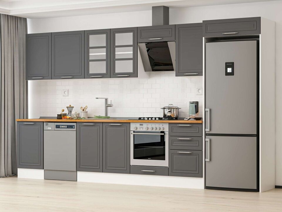 Alvinka 390X222 Cm Klasik Mebran Mutfak Dolabı Mb-E90S50S50-3 Mebran | Antrasit - Mdf