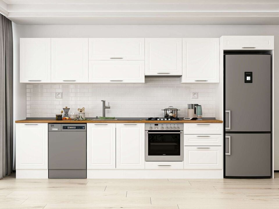 Alvinka 400X222 Cm Klasik Mebran Mutfak Dolabı Mb-E90S50S60-1 Mebran | Beyaz - Mdf