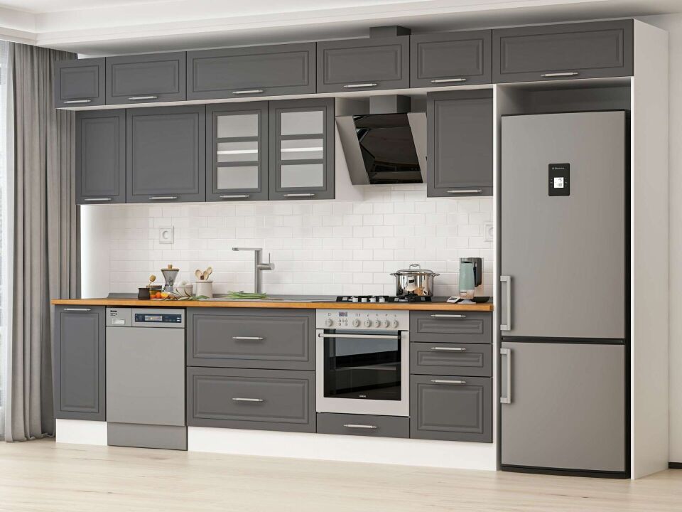 Alvinka 380X240 Cm Klasik Mebran Mutfak Dolabı Mb-E90S40S50-3 Mebran | Antrasit - Suntalam