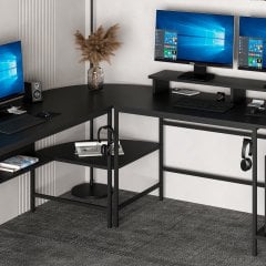 Minar Greta Raflı L Köşe Çalışma Masası - Mat Siyah