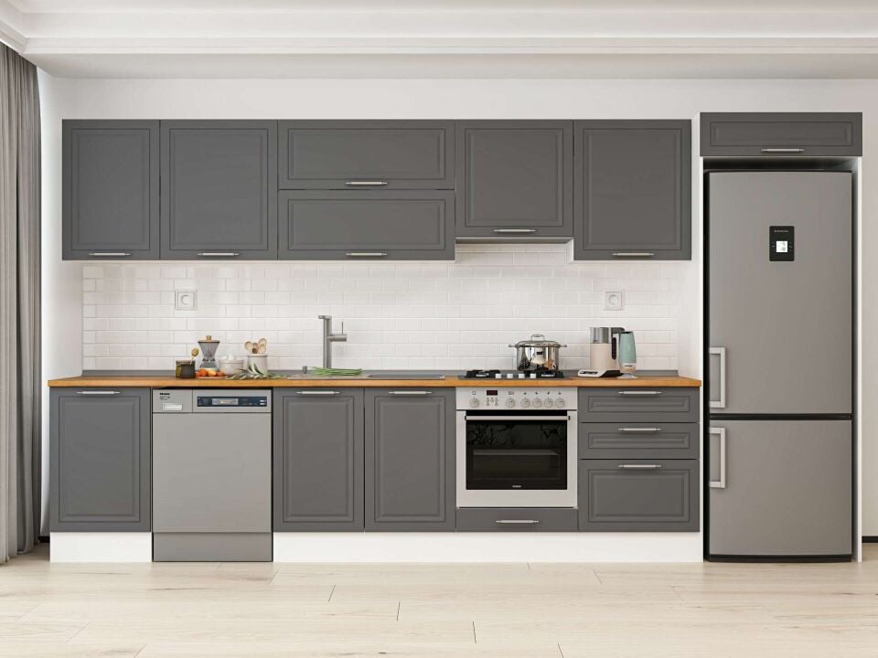 Alvinka 400X222 Cm Klasik Mebran Mutfak Dolabı Mb-E90S50S60-1 Mebran | Antrasit - Mdf
