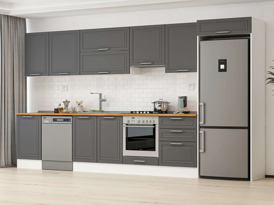 Alvinka 400X222 Cm Klasik Mebran Mutfak Dolabı Mb-E90S50S60-1 Mebran | Antrasit - Mdf
