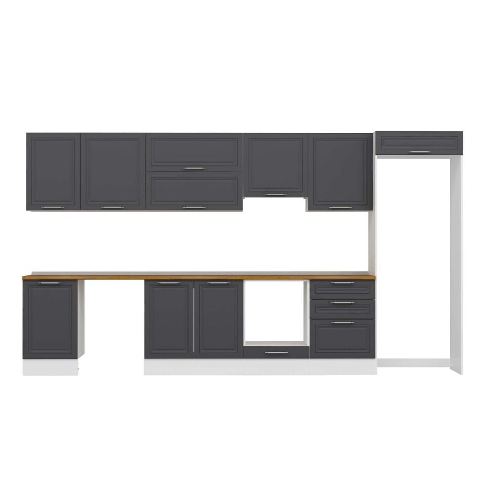 Alvinka 400X222 Cm Klasik Mebran Mutfak Dolabı Mb-E90S50S60-1 Mebran | Antrasit - Mdf
