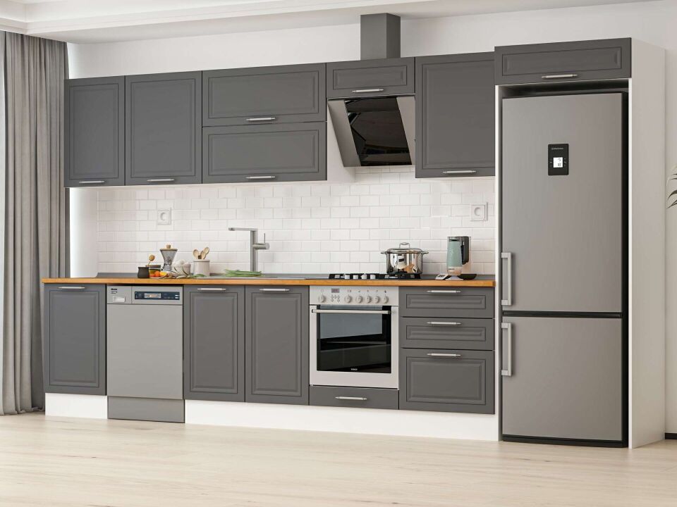 Alvinka 400X222 Cm Klasik Mebran Mutfak Dolabı Mb-E90S50S60-2 Mebran | Antrasit - Mdf