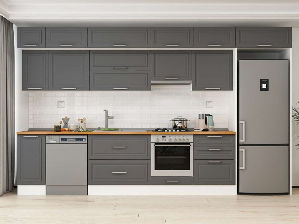 Alvinka 390X240 Cm Klasik Mebran Mutfak Dolabı Mb-E90S40S60-1 Mebran | Antrasit - Mdf