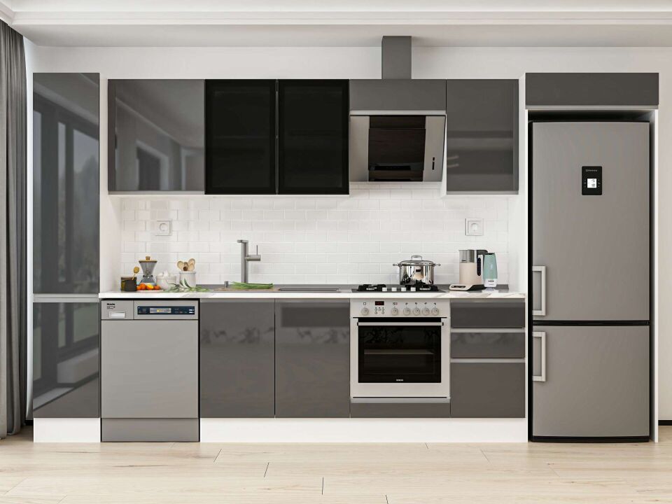 Alvinka 365X222 Cm High Gloss Mutfak Dolabı Mbb-E80B40S45-3 High Gloss | Antrasit - Mdf