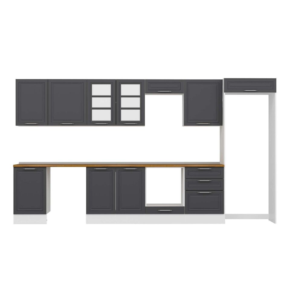 Alvinka 400X222 Cm Klasik Mebran Mutfak Dolabı Mb-E90S50S60-3 Mebran | Antrasit - Suntalam