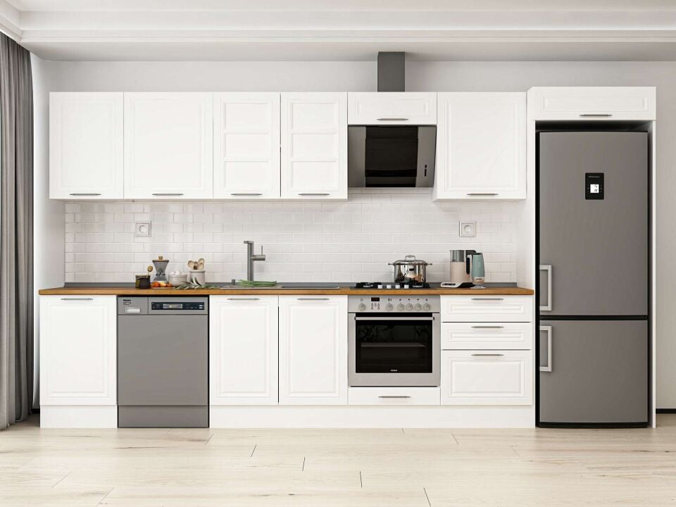 Alvinka 400X222 Cm Klasik Mebran Mutfak Dolabı Mb-E90S50S60-3 Mebran | Beyaz - Mdf