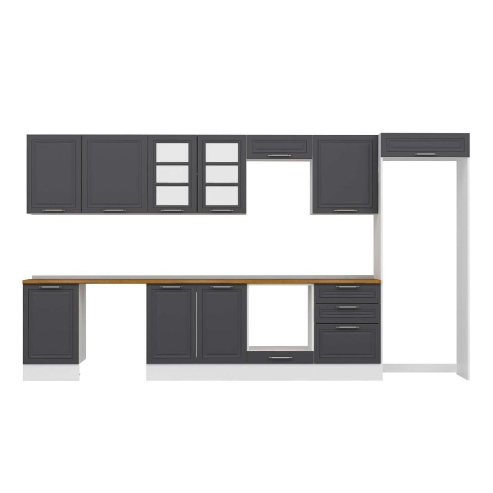 Alvinka 400X222 Cm Klasik Mebran Mutfak Dolabı Mb-E90S50S60-3 Mebran | Antrasit - Mdf