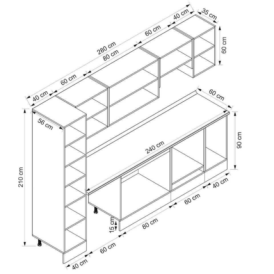 Alvinka 280X210 Cm Klasik Mebran Mutfak Dolabı Beyaz Beyaz Mb-E80B40S40-1
