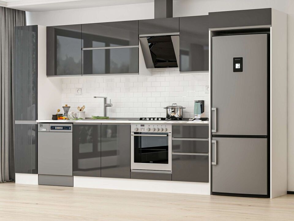 Alvinka 370X222 Cm High Gloss Mutfak Dolabı Mbb-E80B40S50-2 High Gloss | Antrasit - Mdf